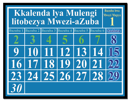 Kkalenda litobezya mwezi-azuba, litondezya Nsabata mubuzuba bwa lusele, muli bwakkumi abwasanu,muli bwa makumi obile abwabili,amuli bwa makumi obile afuka kubalila kuzwa kumatalikilo aamwezi