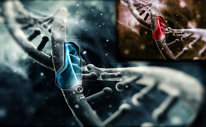 3D Animation eines DNA Moleküls, abstrakter Hintergrund
