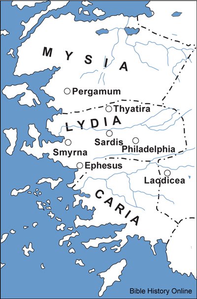 mapa ukazuje 7 církví ze Zjevení