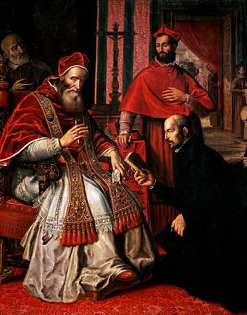Depiction of Pope Paul III and Ignatius Loyola, founder of the Jesuit Order (also known as the "Society of Jesus").