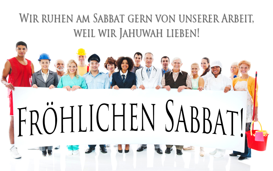 Eine Menschengruppe hält ein Banner mit der Aufschrift: "Fröhlichen Sabbat!"