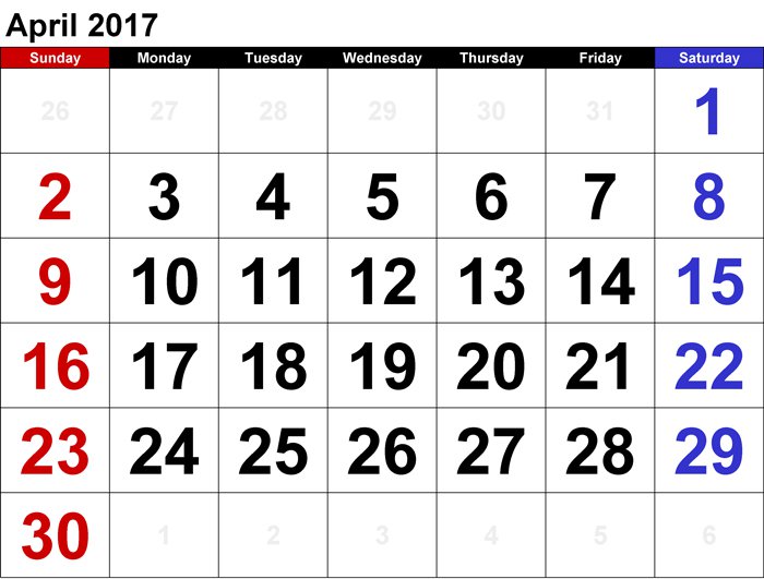 Le calendrier Grégorien: Le mois d’Avril 2017