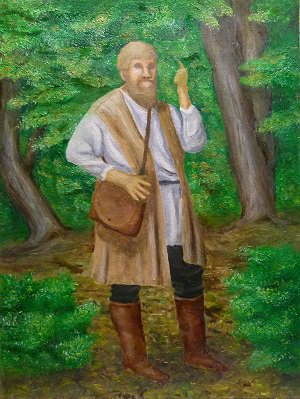 Peinture à l'huile, vue d'artiste du leader anabaptiste Michael Sattler prêchant dans les bois.