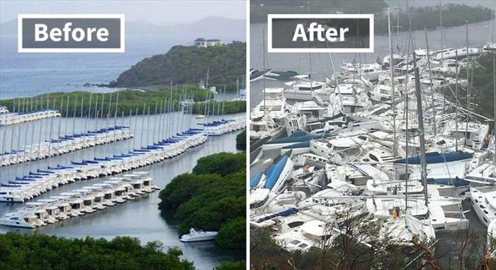 Baie de Paraquita dans les îles Vierges britanniques, avant et après l'ouragan Irma.