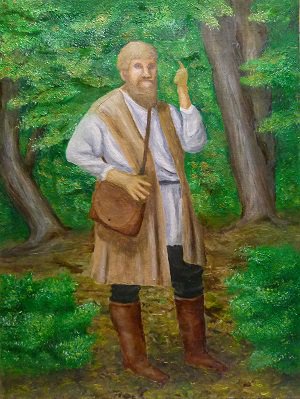 Oil painting of artist's conception of the Anabaptist leader Michael Sattler preaching in the woods.