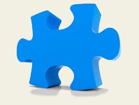 pièce de puzzle en 3D de couleur bleue, avec ombre projetée au sol, posée sur un côté.