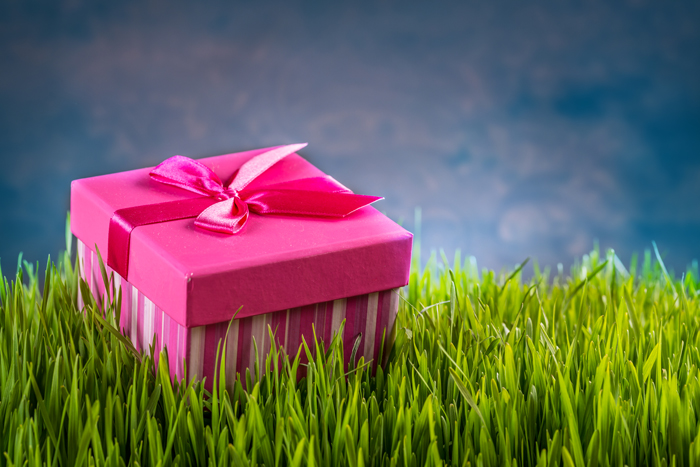 boîte cadeau rose, ton foncé à clair (fushia, mauve, rose pâle), et nœud cadeau dans herbe verte, gazon, sur fond bleu ciel à nuages.