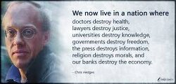  “We now live in a nation where doctors destroy health, lawyers destroy justice, universities destroy knowledge, governments destroy freedom, the press destroys information, religion destroys morals, and our banks destroy the economy,”- Chris Hedges.