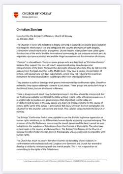 Statement from the Church of Norway: “Christian Zionism is theologically unacceptable and incompatible with human rights”