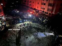Horrifying. Israel just dropped bombs on tents full of displaced civilians in Gaza. Fifteen tents were buried under the sand.  Entire families were swallowed by the massive blast crater. They were buried alive. A massacre in plain sight.