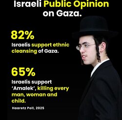 Shocking Poll Reveals Extremist Views in Israeli Society. A recent Haaretz poll shows 82% of Israelis support ethnic cleansing in Gaza. 65% back the biblical ‘Amalek’ doctrine—calling for the killing of *every* man, woman, and child. This isn’t just extremist ideology—it’s the mainstream. Silence is complicity.