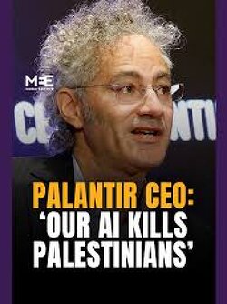 Palantir CEO Alex Karp laughs about profiting from killing Palestinians using AI. He calls them 'Hamas' 'useful idiots' and 'mostly terrorists'. But there is only one terrorist here, Palantir are war criminals.