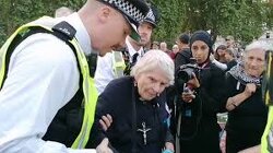 Imagine arresting an 83 year old woman priest peacefully opposing a genocide. I'm not sure how those cops can go home and look their families in the eye, or sleep at night.