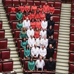 Italian MPs wear the colors of Palestine’s flag in Parliament today   “Today, we don’t hold up the flag because you’d try to take it from us. Instead, we wear it on our skin.