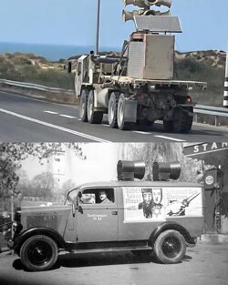 The photo shows Israeli army trucks with loudspeakers broadcasting Netanyahu’s speech to displaced Gaza residents. Where did the Israeli army get this idea? From the Nazi German army, which spread Hitler’s propaganda in concentration camps.