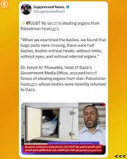JUST IN: Israel is stealing organs from Palestinian hostages. “When we examined the bodies, we found that large parts were missing, there were half bodies, bodies without heads, without limbs, without eyes, and without internal organs.”